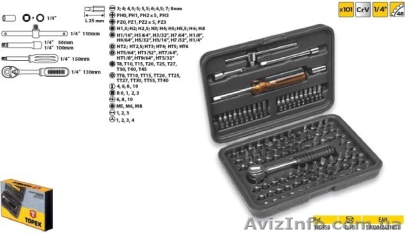 Набор насадок и принадлежностей, отвертка, вороток, 101шт, Topex 39D359 - <ro>Изображение</ro><ru>Изображение</ru> #2, <ru>Объявление</ru> #1319452